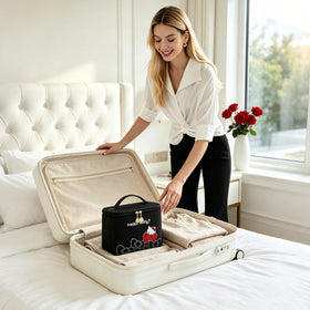 AmBealla Large Makeup Bag in use during travel with cosmetics