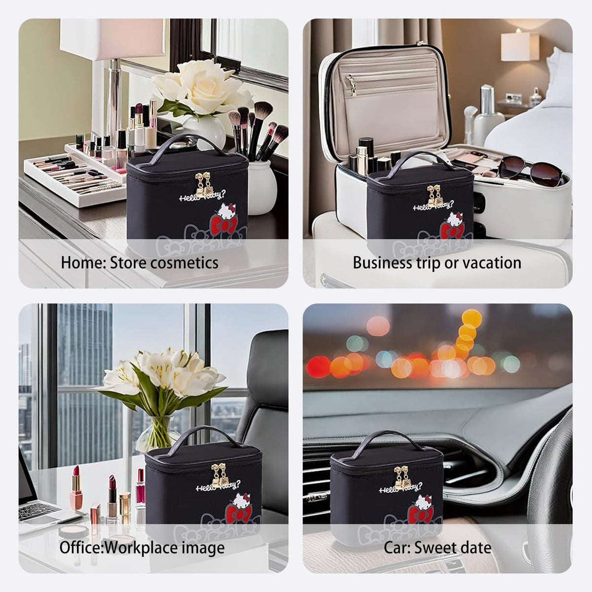 AmBealla makeup bag displayed with various beauty products