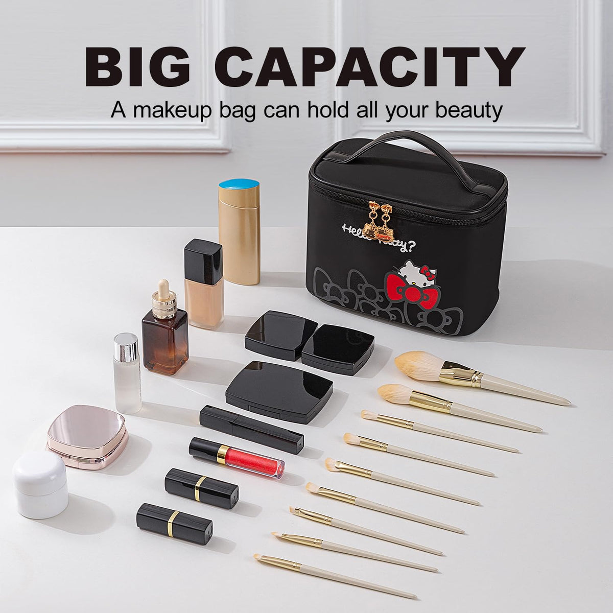 AmBealla makeup bag showing separate brushes compartment and inner pockets