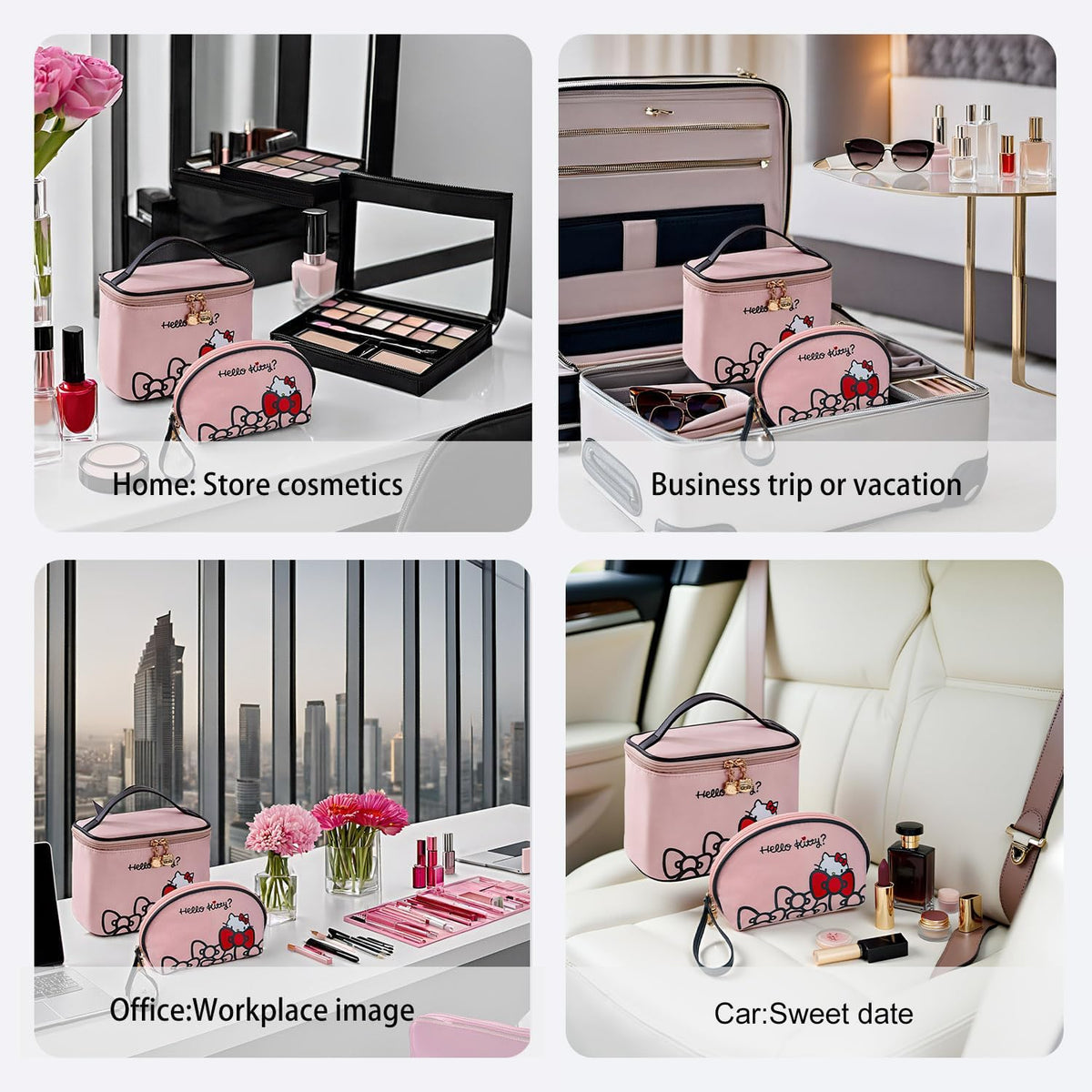 AmBealla Travel Makeup Bag with lip products and mini perfume