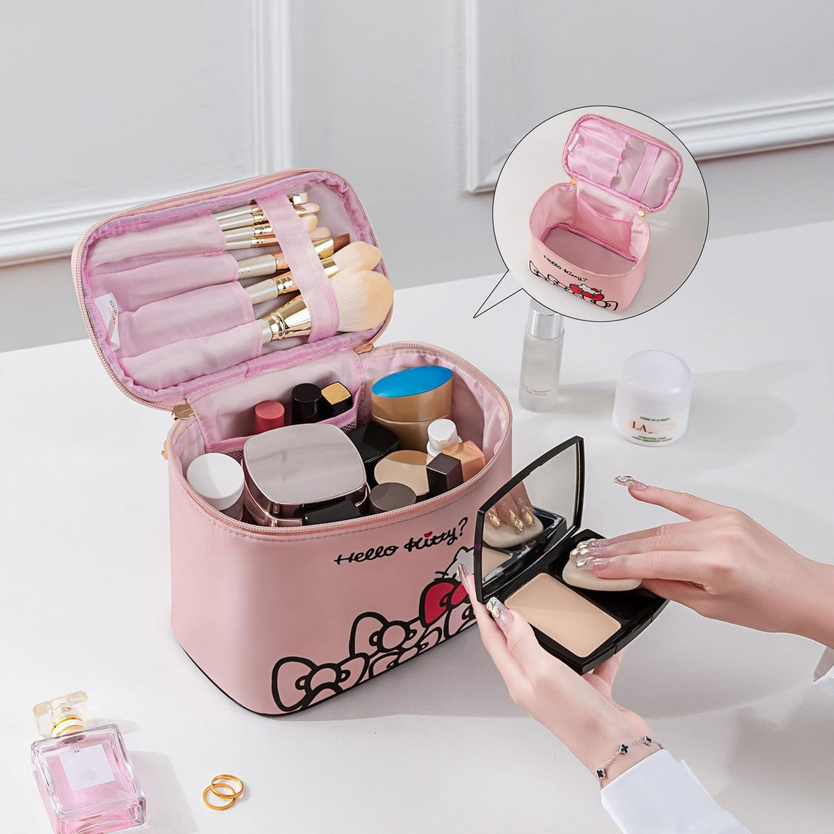 AmBealla Travel Makeup Bag with small trinkets inside