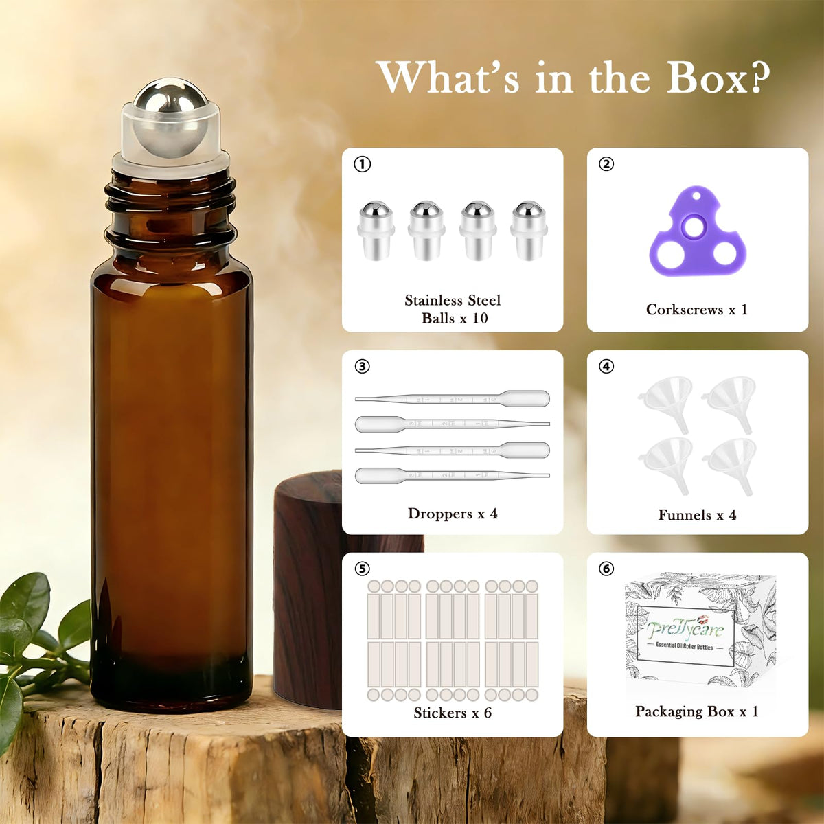 Amber glass roller bottle with wooden cap close-up