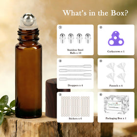 Amber glass roller bottle with wooden cap close-up