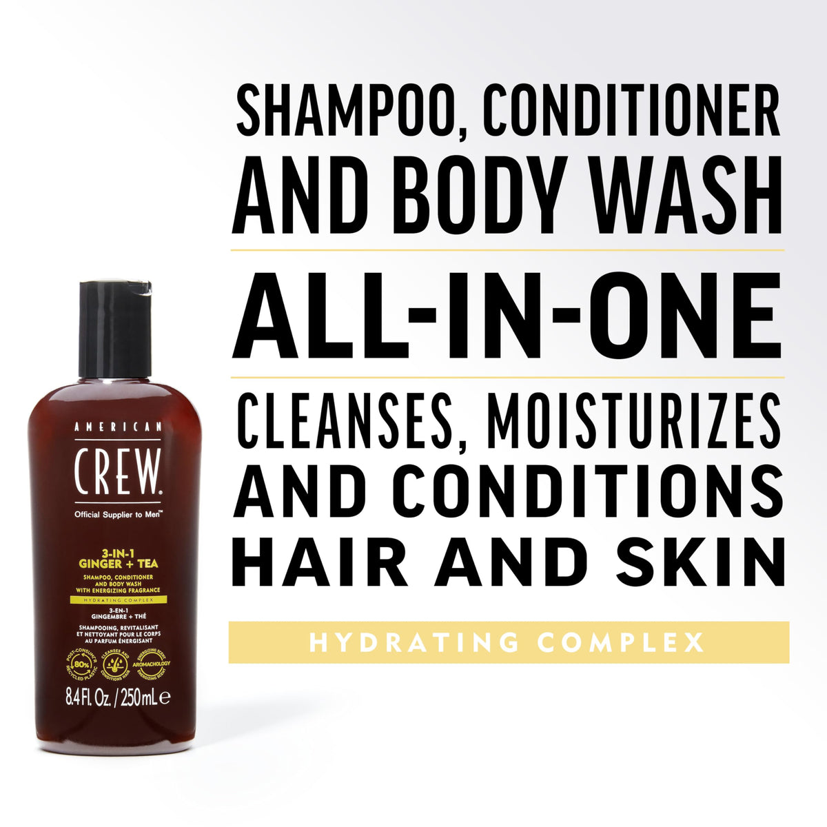 AMERICAN CREW 3-in-1 Shampoo & Body Wash back view, ingredients listed