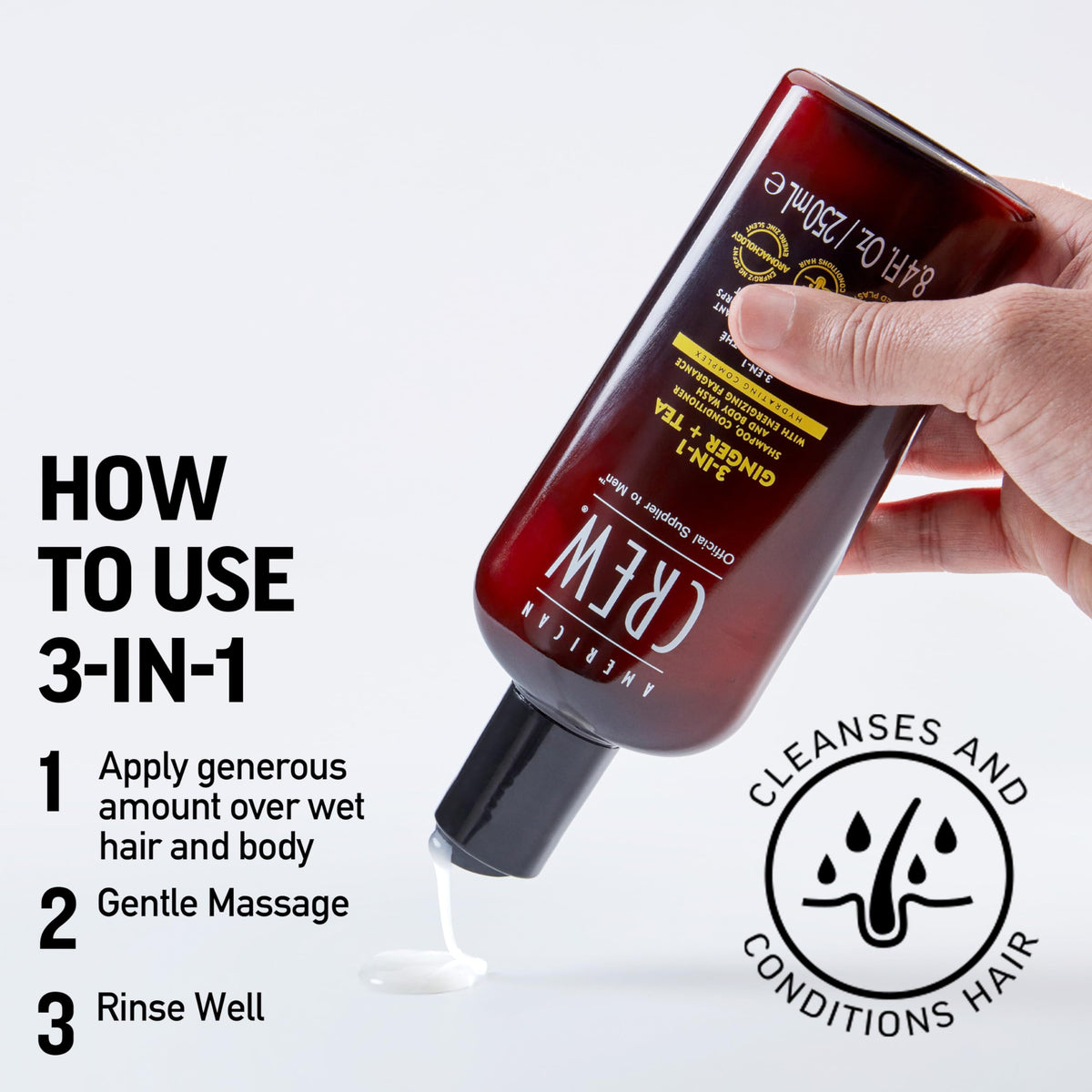 AMERICAN CREW 3-in-1 Shampoo & Body Wash lifestyle shot with towels
