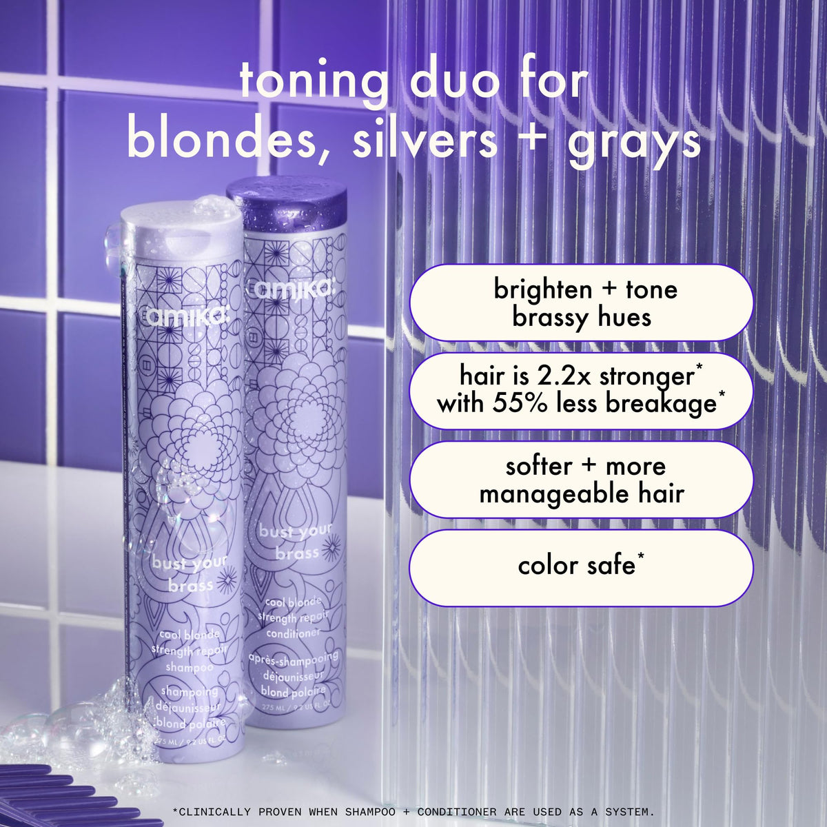 Amika Bust Your Brass Cool Blonde Shampoo 1000ml side view