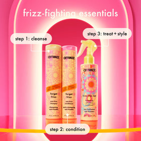 Amika Forget Frizz Anti-Frizz Shampoo 275ml on a vanity