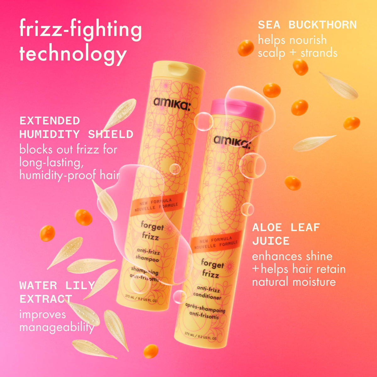 Amika Forget Frizz Anti-Frizz Shampoo 275ml with ingredients list