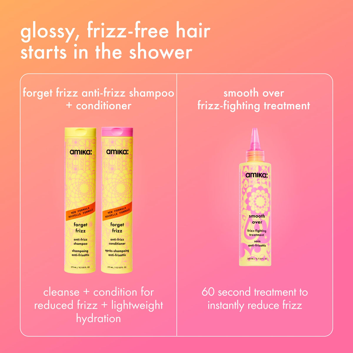 Amika Forget Frizz Anti-Frizz Shampoo 275ml with other hair care products