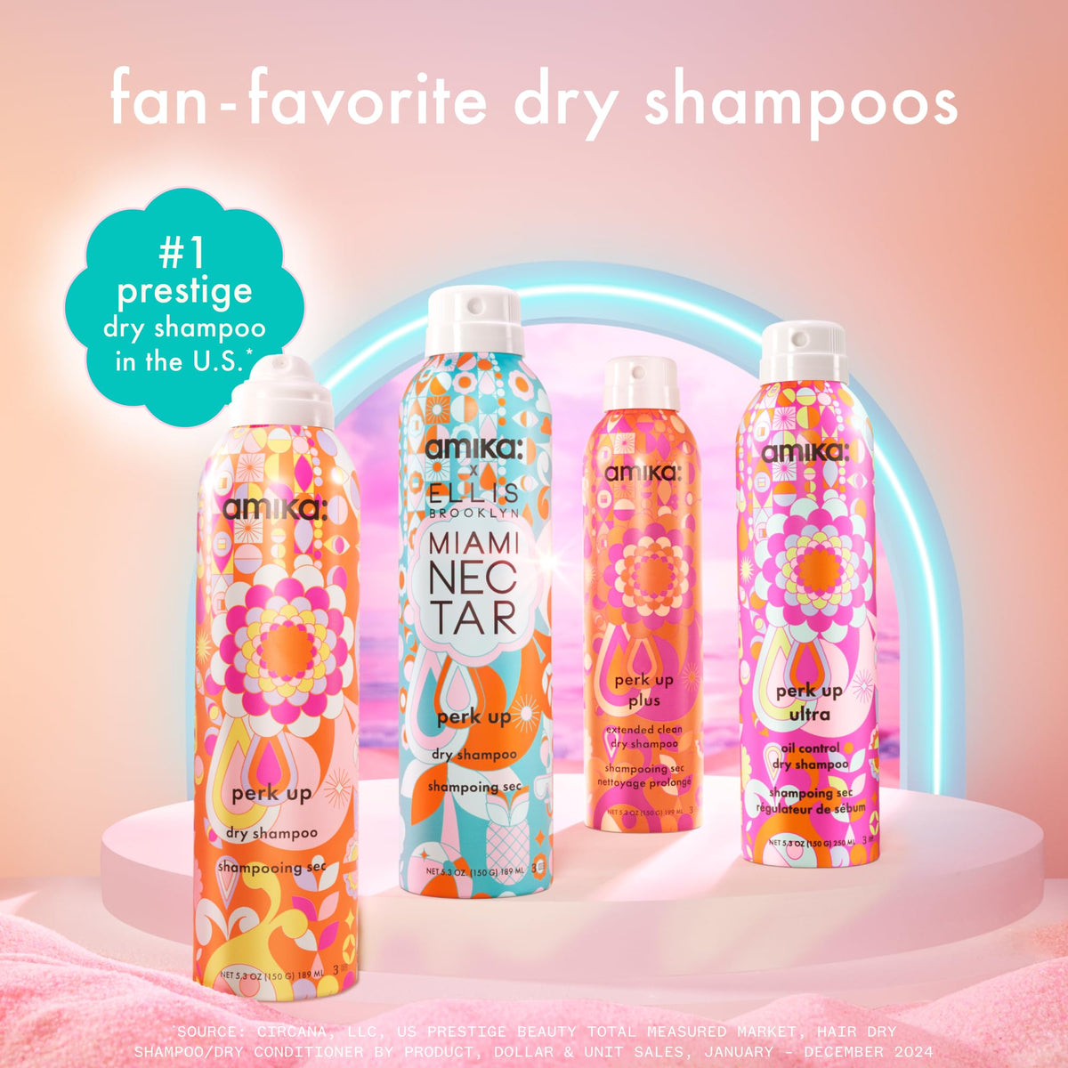 Amika Miami Nectar Dry Shampoo 5.3oz on a vanity