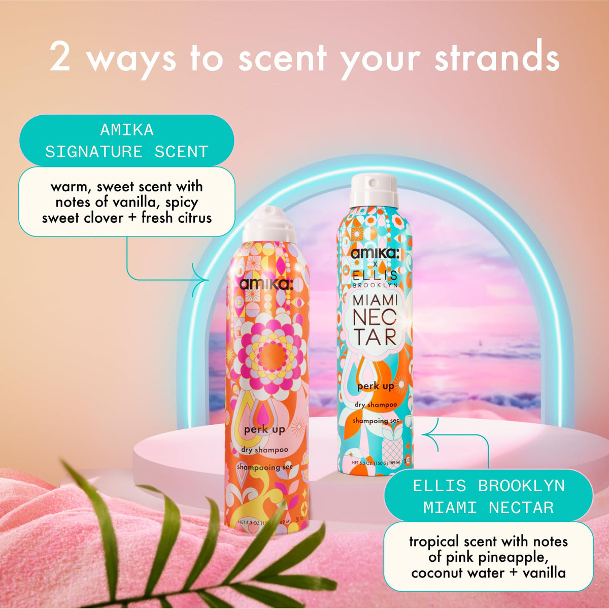 Amika Miami Nectar Dry Shampoo 5.3oz with tropical background
