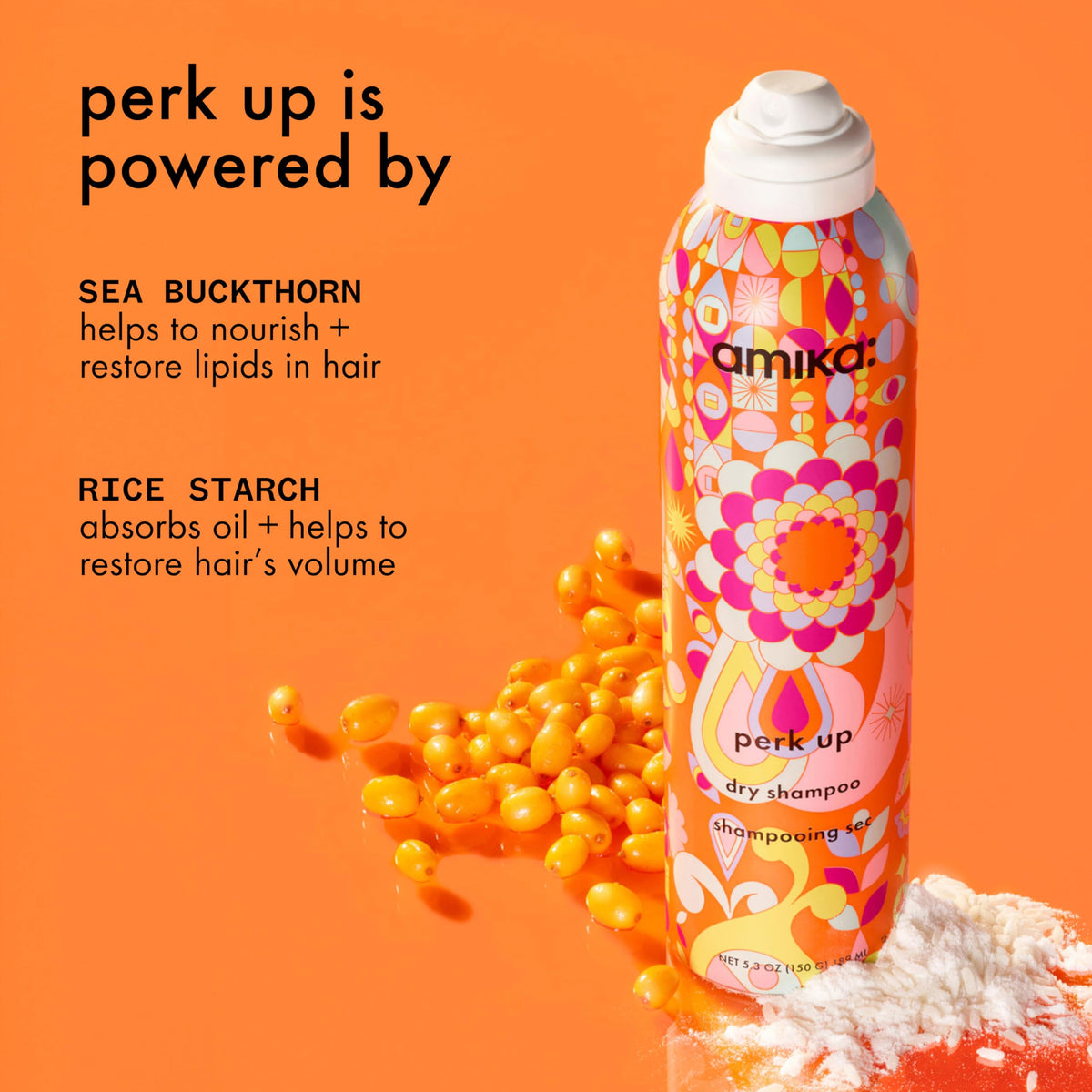Amika Perk Up Dry Shampoo on a bathroom shelf