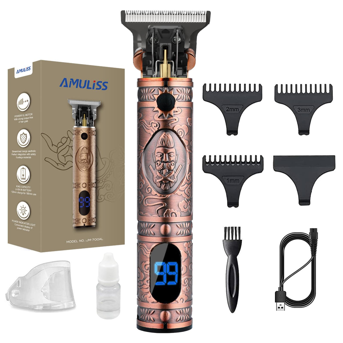 AMULISS Beard Trimmer front view with stainless steel blade