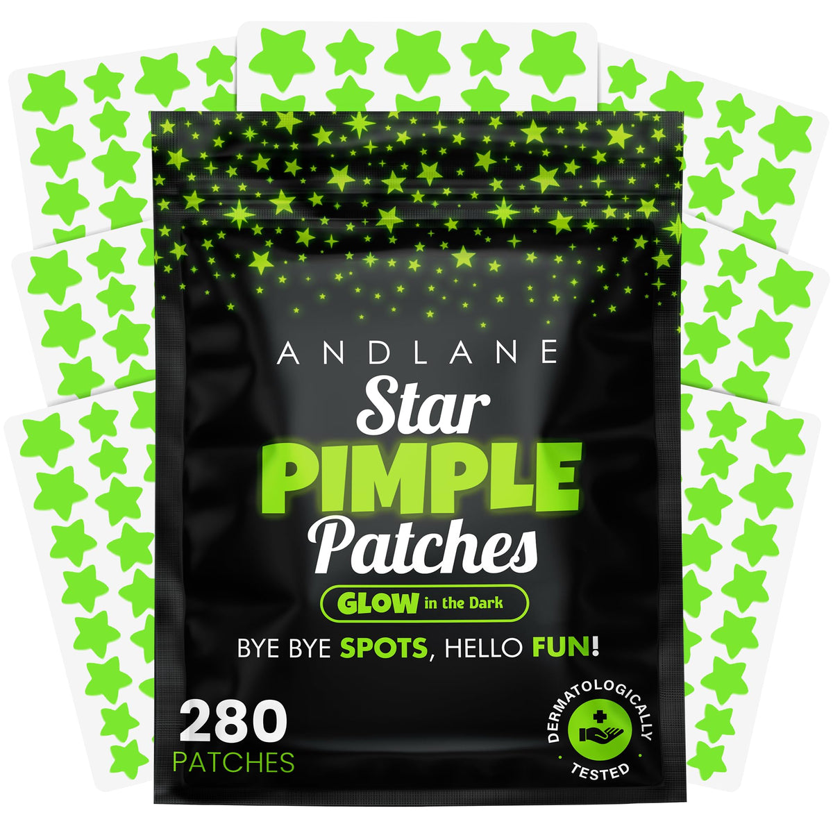 Andlane Star Pimple Patches 280Pcs front view with glow in the dark stars