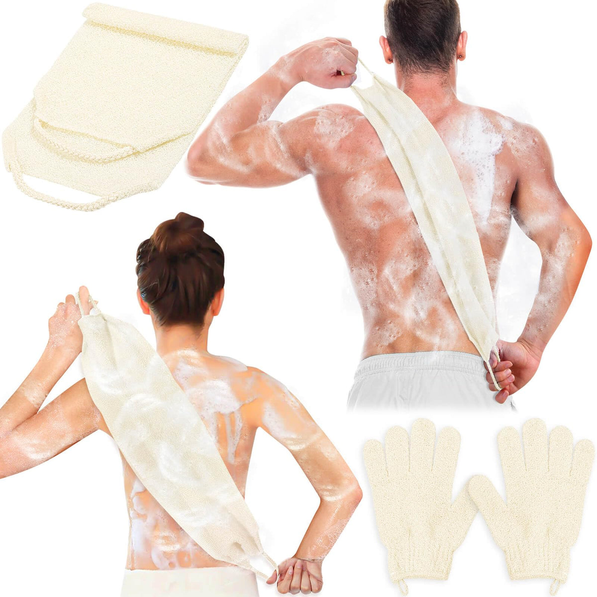 Anezus Exfoliating Back Scrubber and Gloves Set in beige