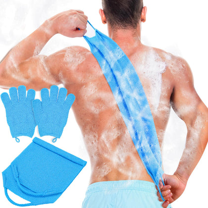 Anezus Exfoliating Back Scrubber and Gloves Set in blue