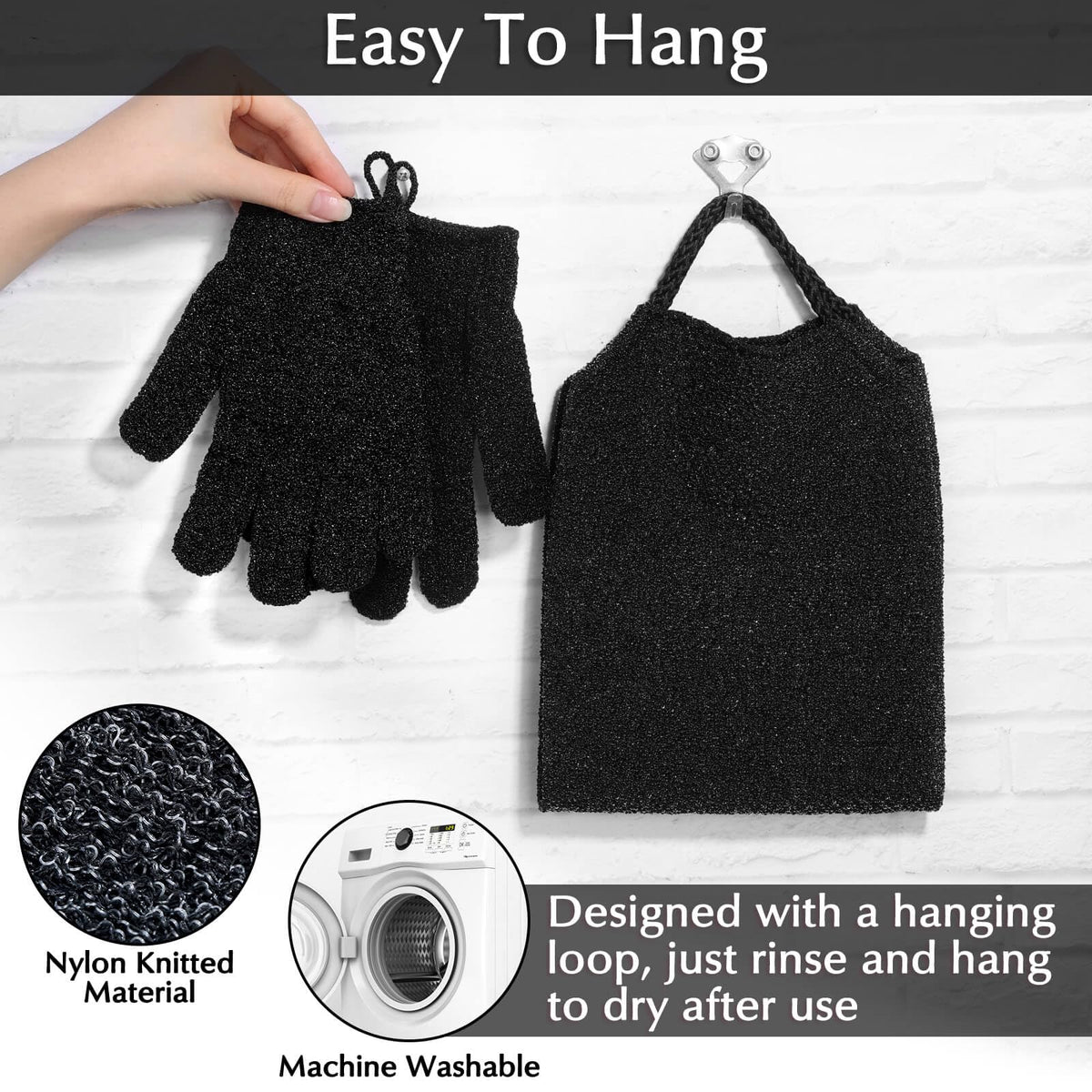 Anezus exfoliating gloves hanging on a hook for drying