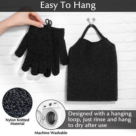 Anezus exfoliating gloves hanging on a hook for drying