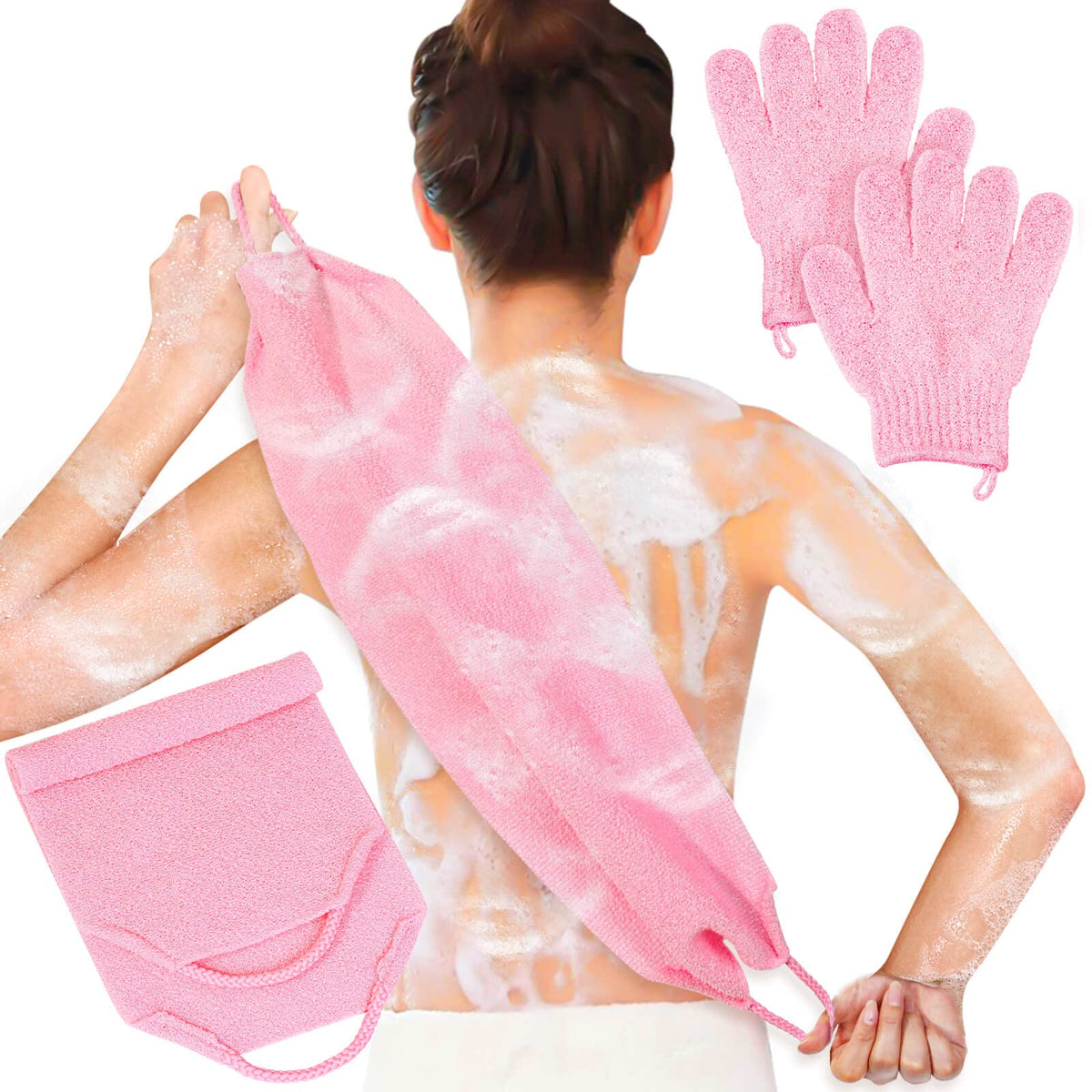 Anezus Exfoliating Shower Bath Gloves Set in pink, front view
