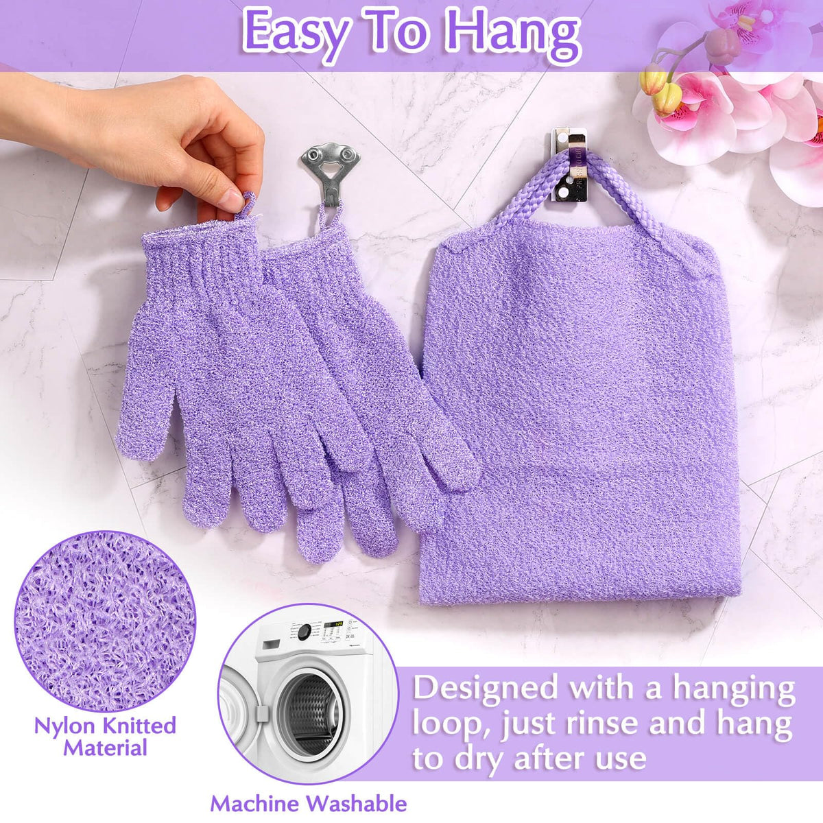 Anezus purple bath gloves on a towel