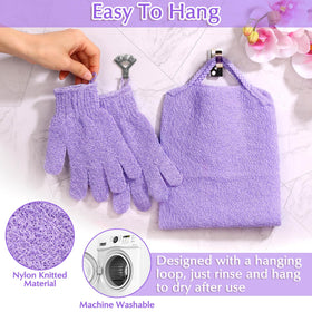 Anezus purple bath gloves on a towel