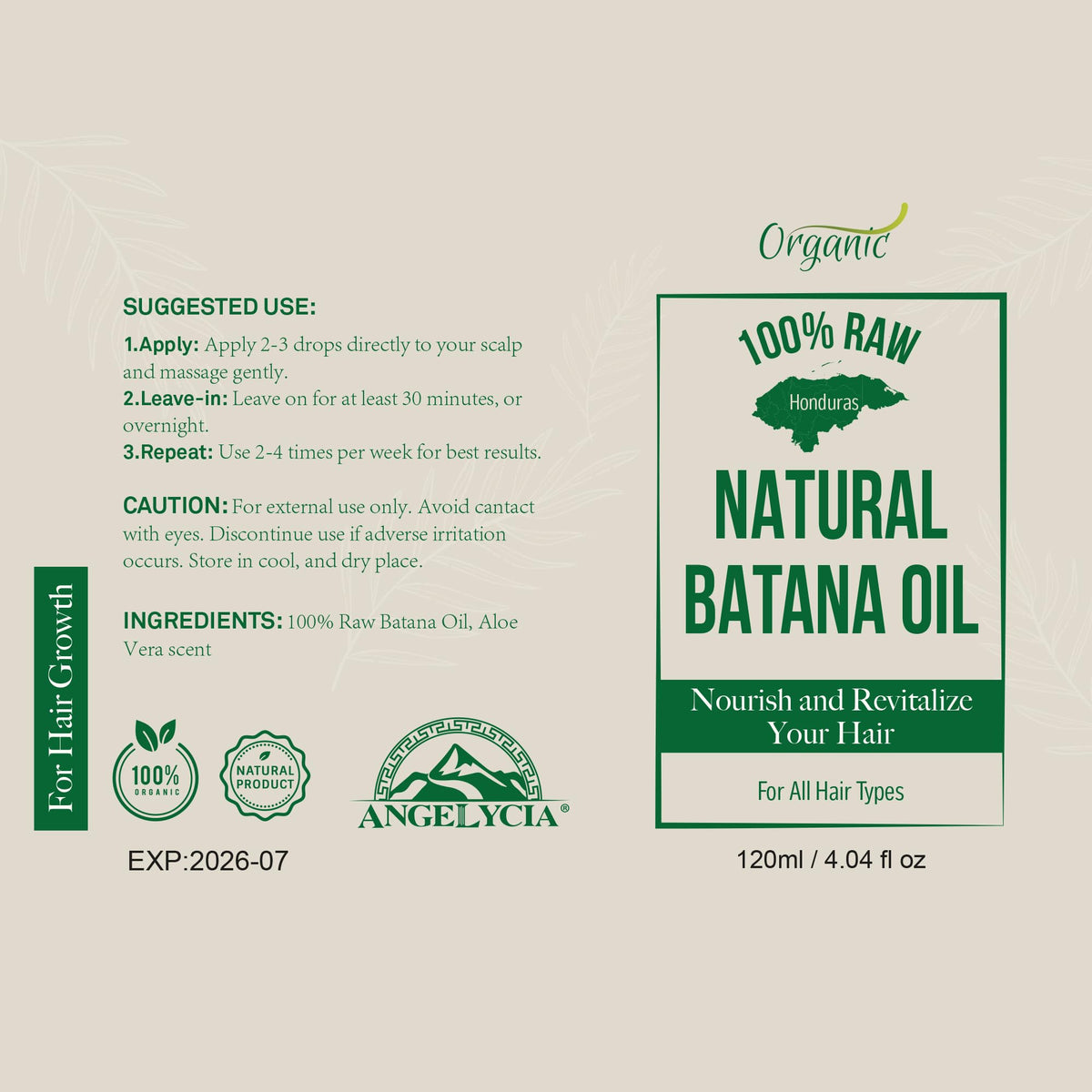 ANGELYCIA Batana Oil 100% Organic with ingredients background