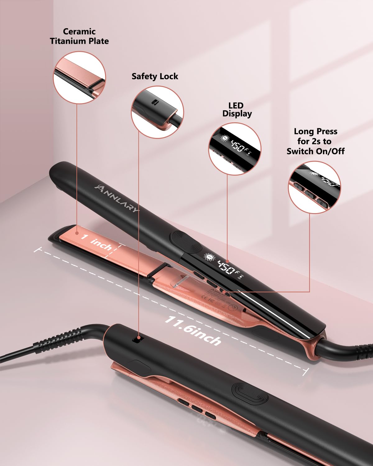 ANNLARY hair straightener with 360° swivel cord