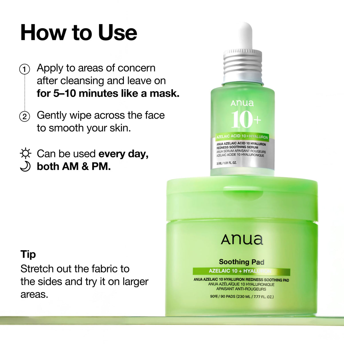ANUA Azelaic Acid Toner Pads with skincare products