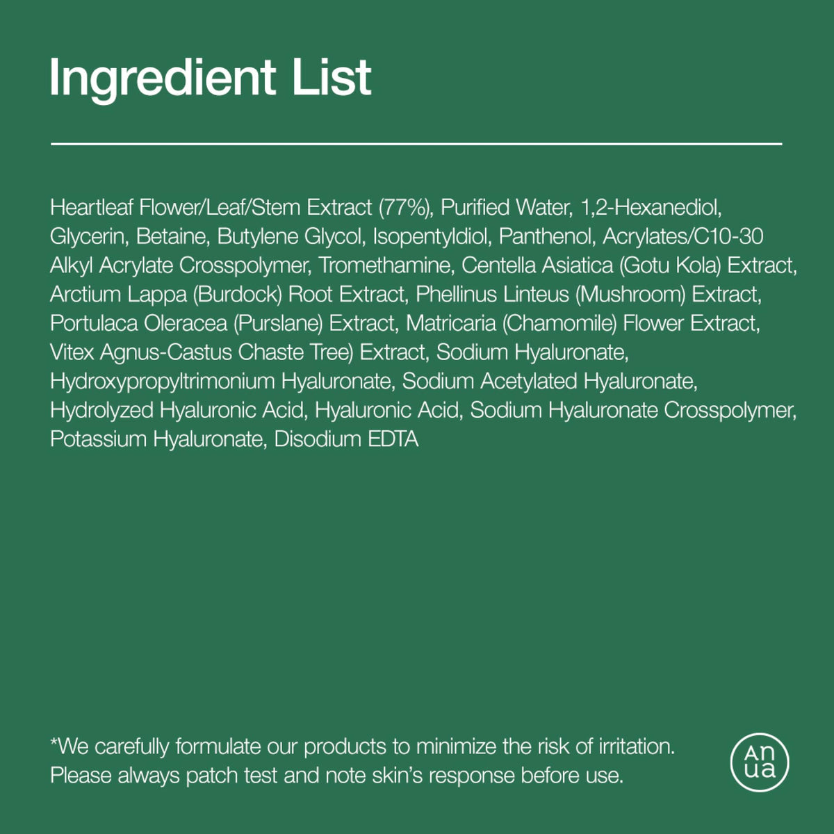 ANUA Heartleaf 77 Soothing Toner packaging and ingredients overview