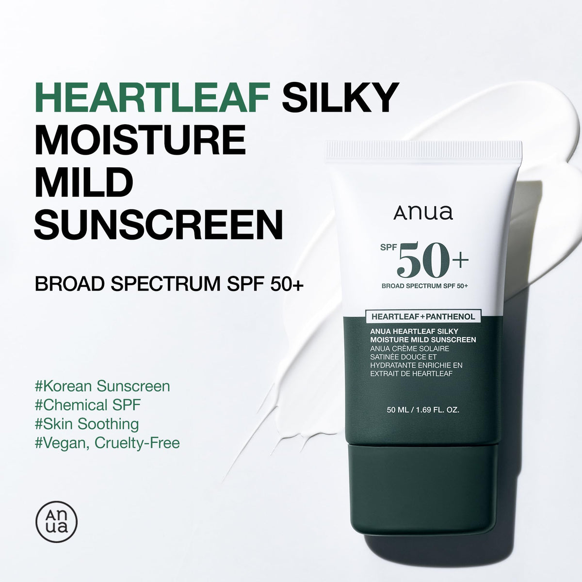 ANUA Heartleaf Silky Moisture Mild Sunscreen back view with ingredients