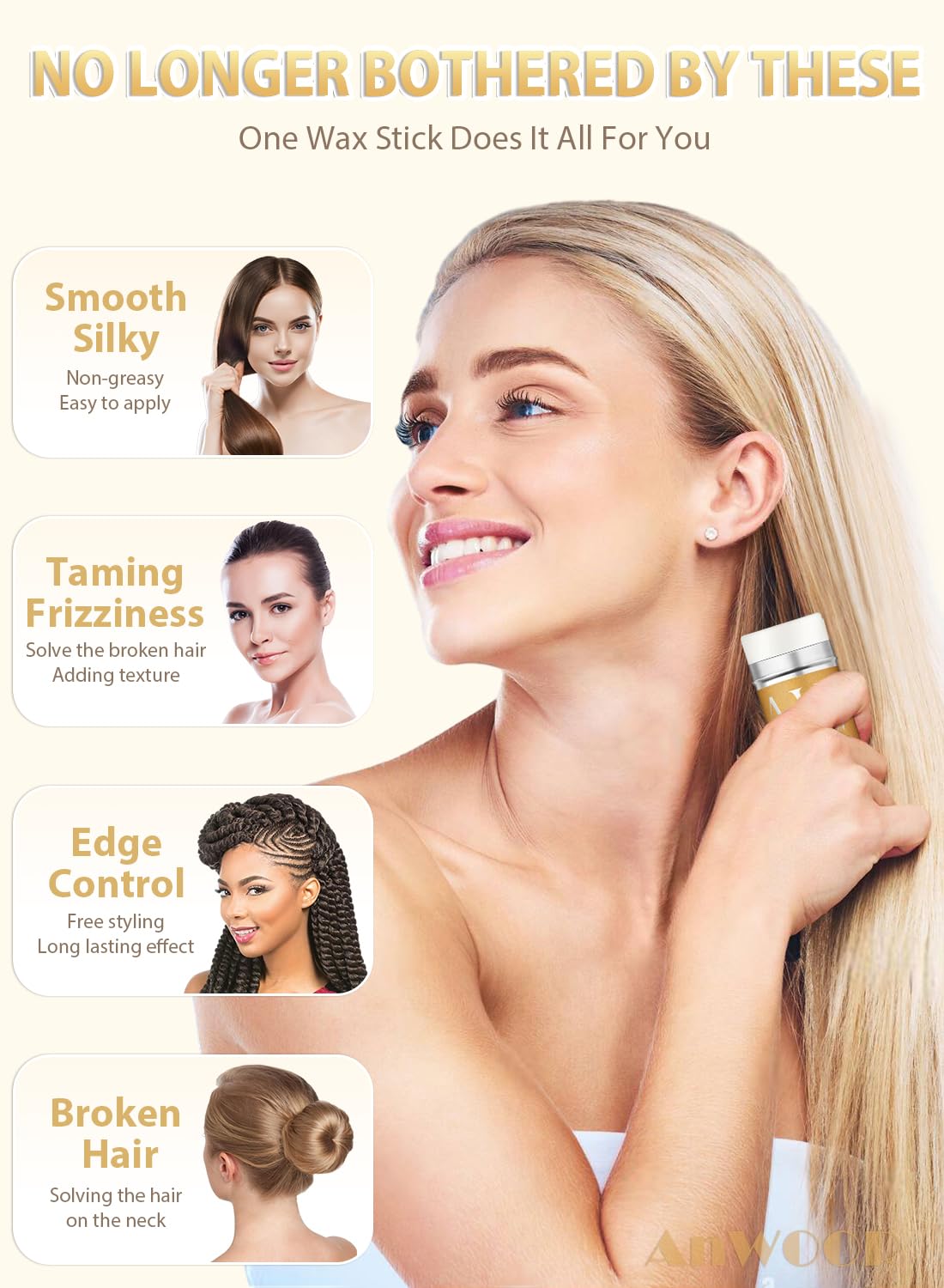 AnWoor Hair Wax Stick in use on styled hair