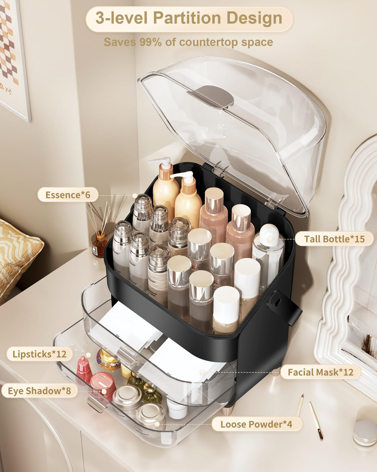 Anylady Makeup Organizer side view with skincare bottles