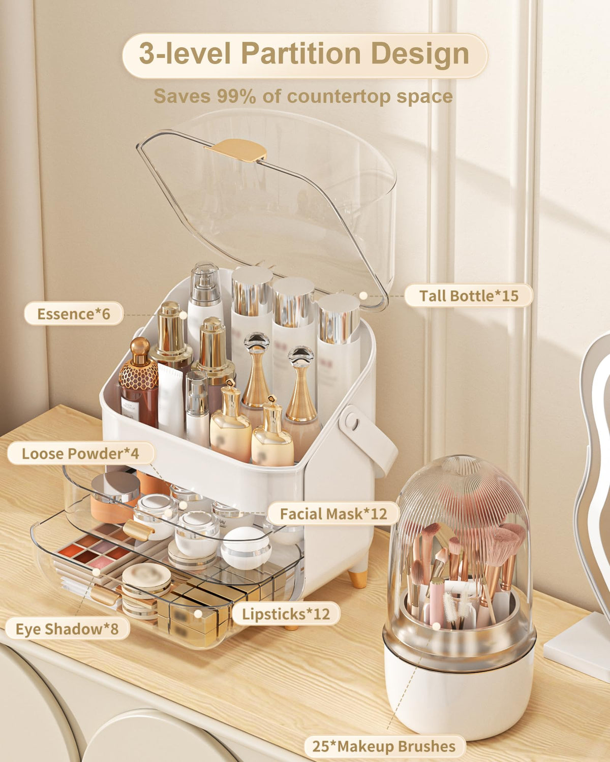Anylady Makeup Organizer with skincare bottles and brushes displayed