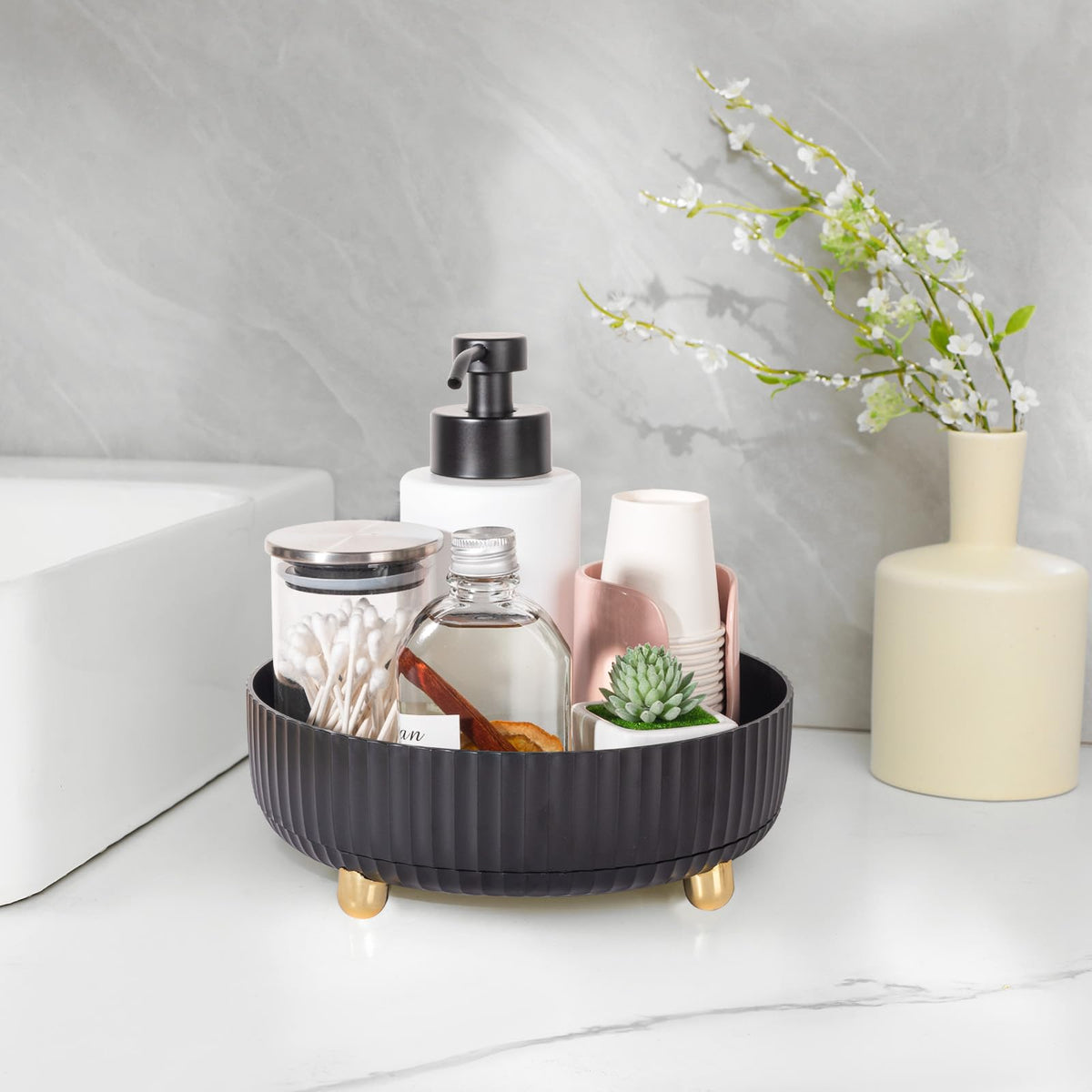 Anyoifax 360 Rotating Makeup Perfume Organizer side view with cosmetics
