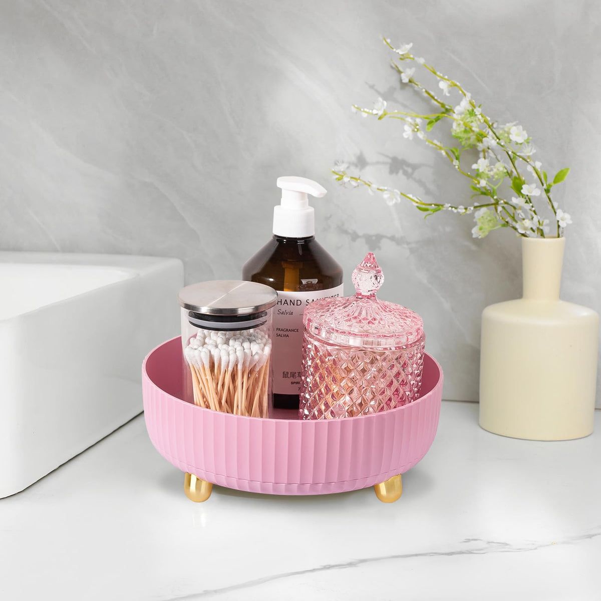 Anyoifax 360 Rotating Makeup Perfume Organizer small pink on vanity