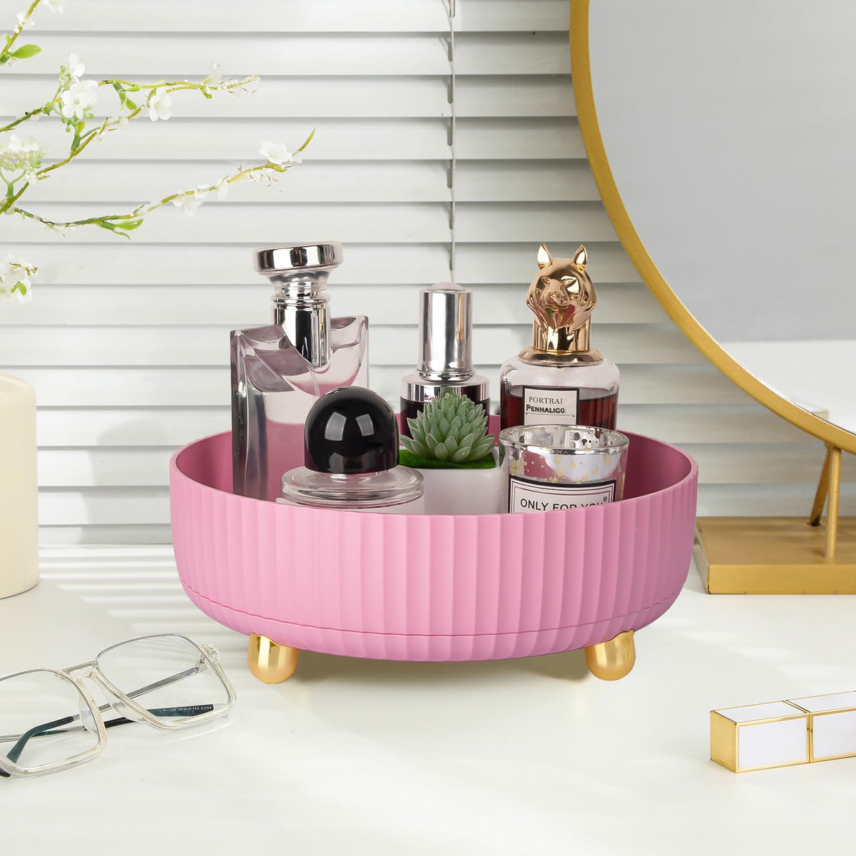 Anyoifax 360 Rotating Makeup Perfume Organizer small pink top view