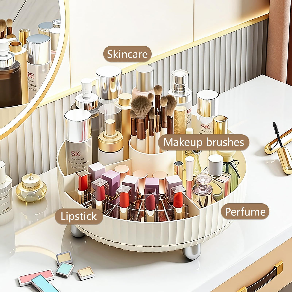 Anyoifax 360 Rotating Makeup Perfume Organizer with cosmetics displayed