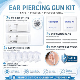 Anzero Ear Piercing Kit contents including CZ studs and cleaning pads