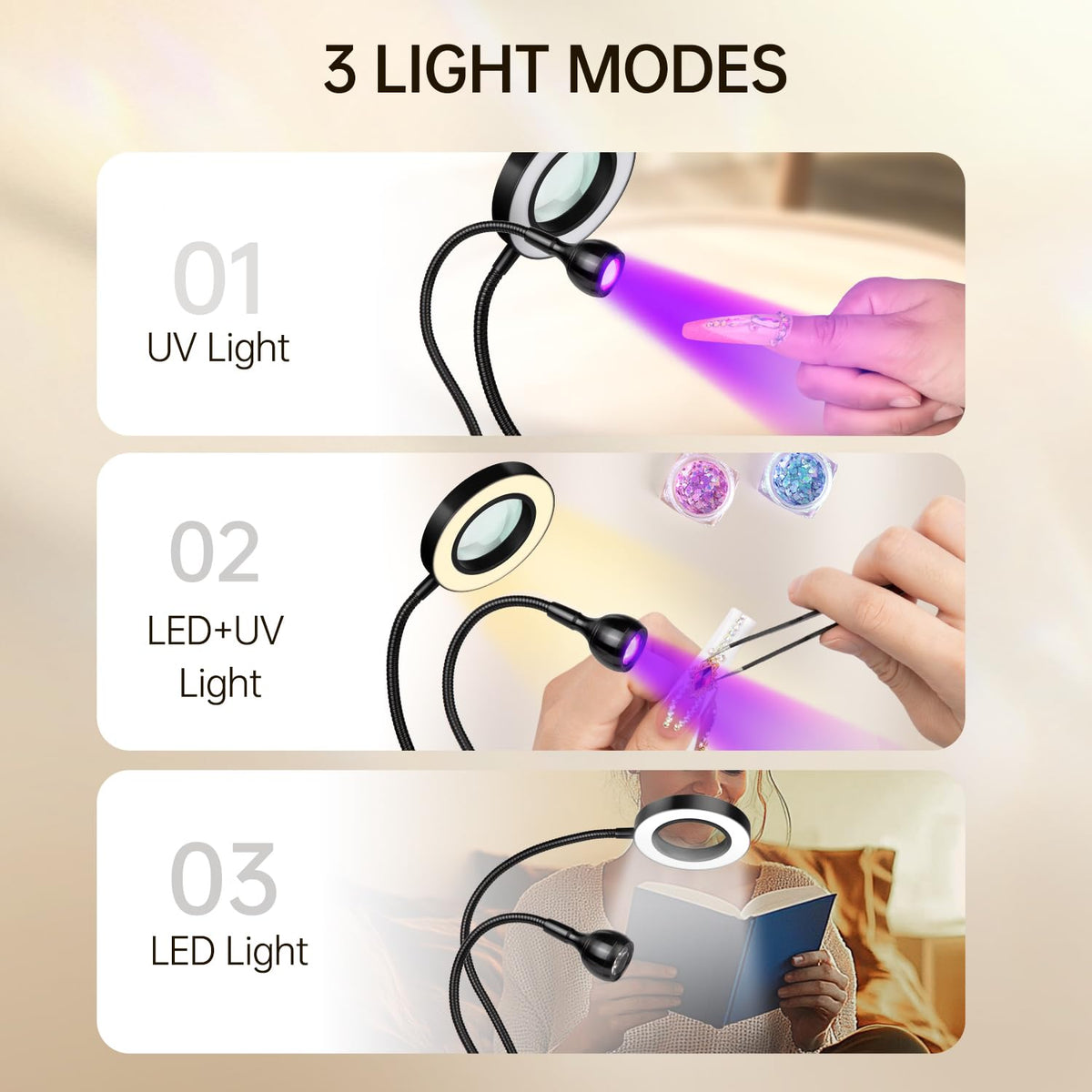 AORAEM LED UV Nail Lamp with 6X magnifier in use