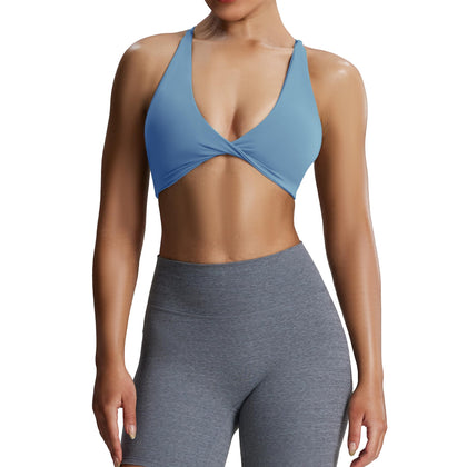 Aoxjox Sienna Twist Sports Bra in Mykonos Blue front view