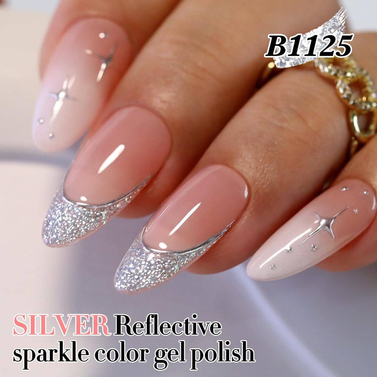 Application of Double Rhythm Silver Glitter Gel Polish on nails