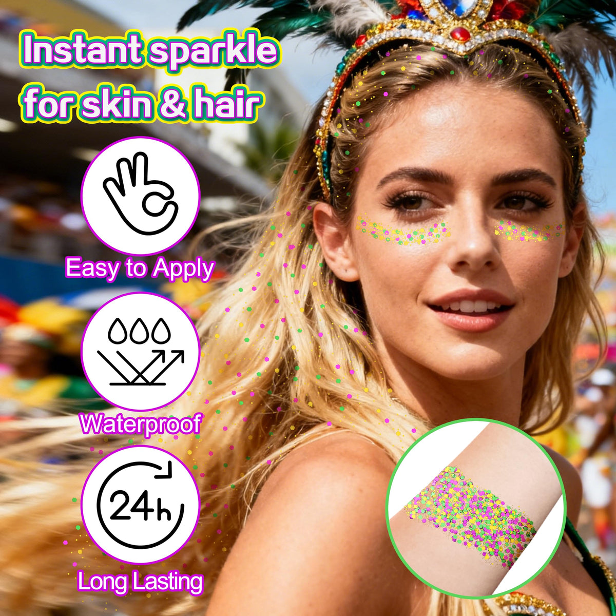 Application of MEICOLY Mardi Gras Body Glitter Stick on skin