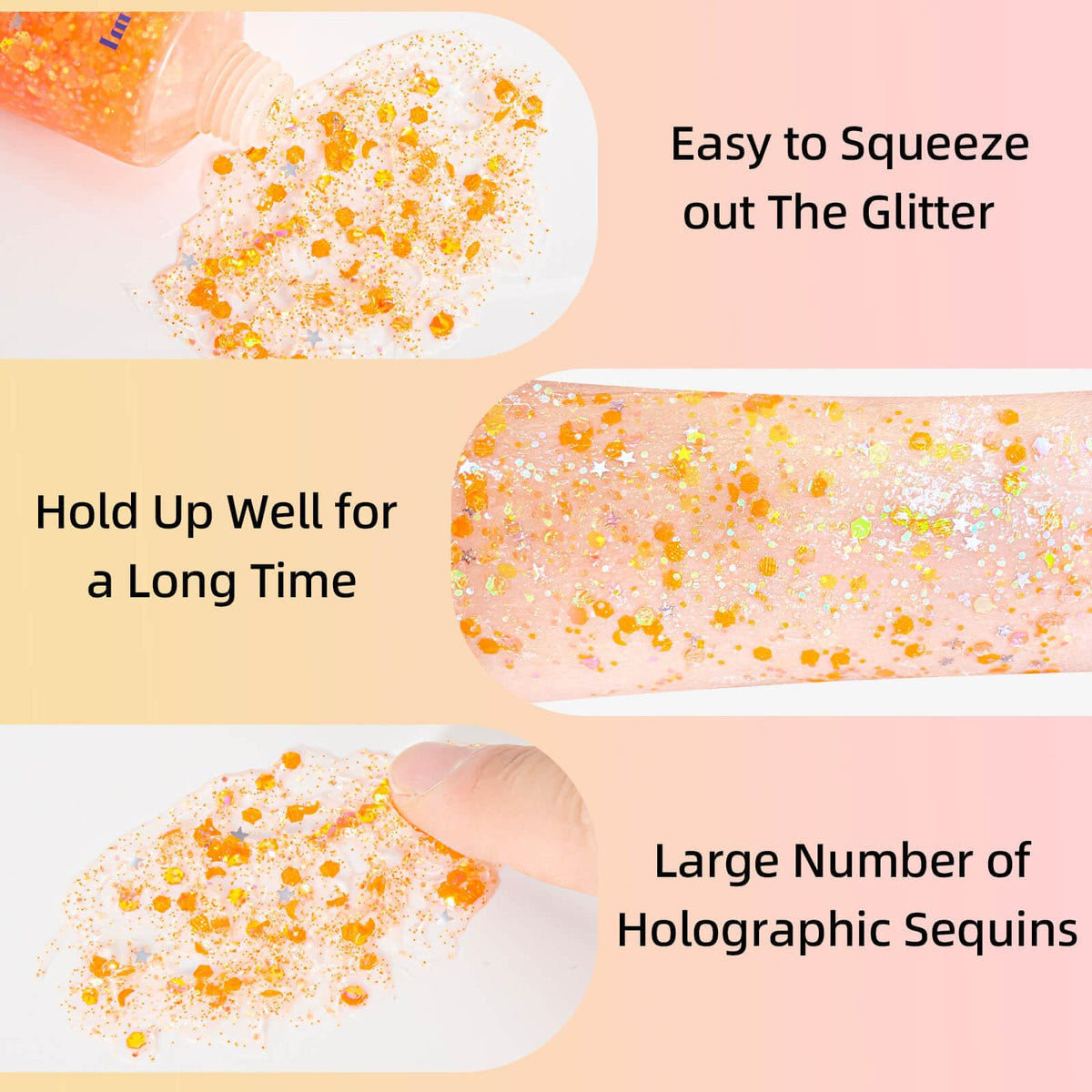 Application of MEICOLY Orange Body Glitter Gel on skin