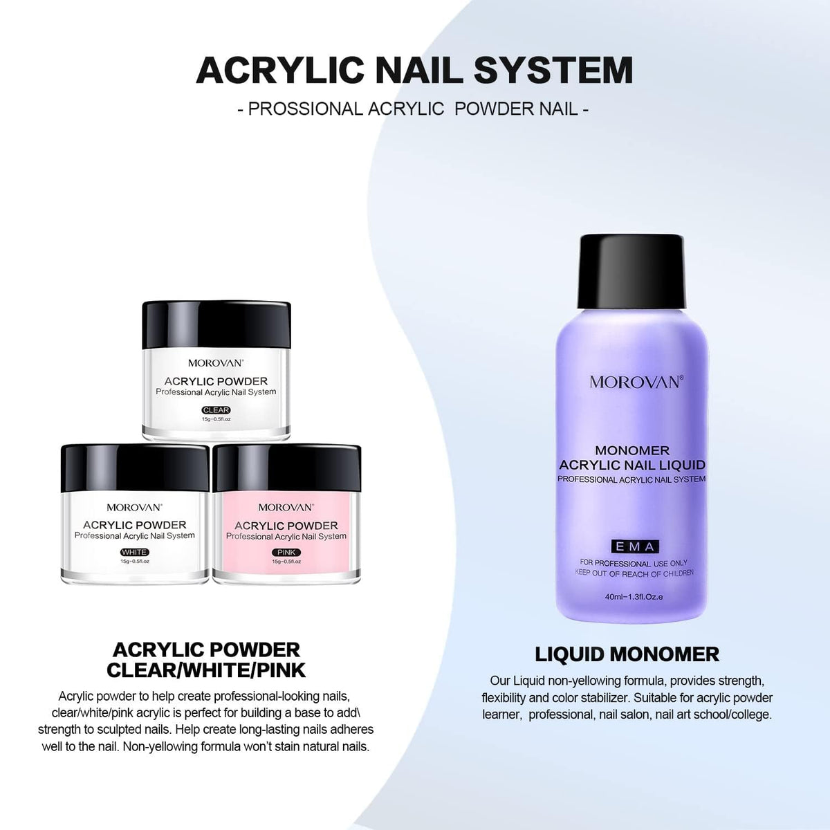 Application of Morovan acrylic nail kit on natural nails