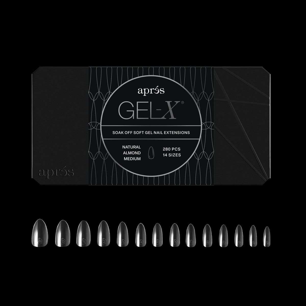 APRÉS Gel-X Almond Nail Tips Box front view with 280 soft tips