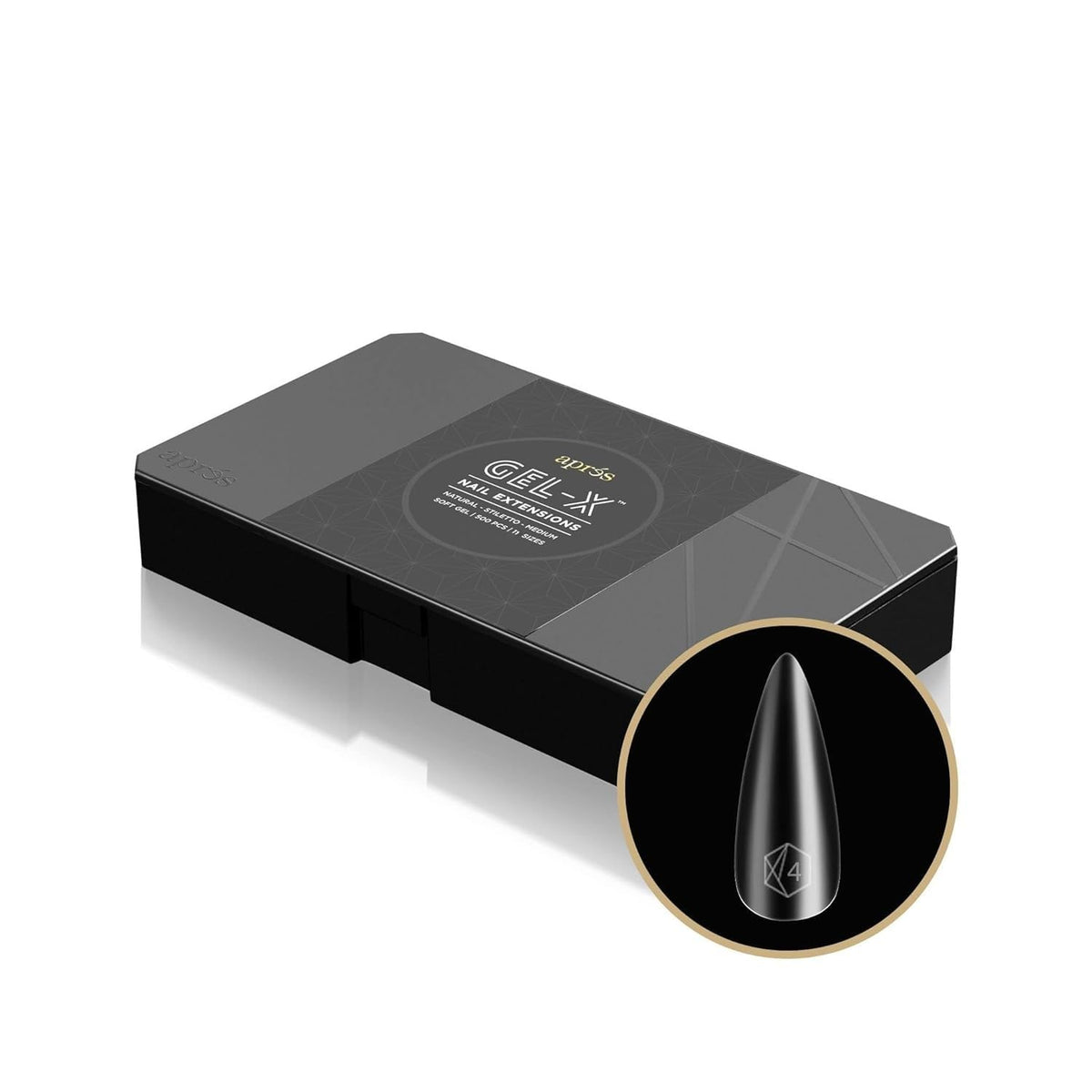 APRÉS Gel-X Natural Stiletto Medium Tip Box front view with 500 tips