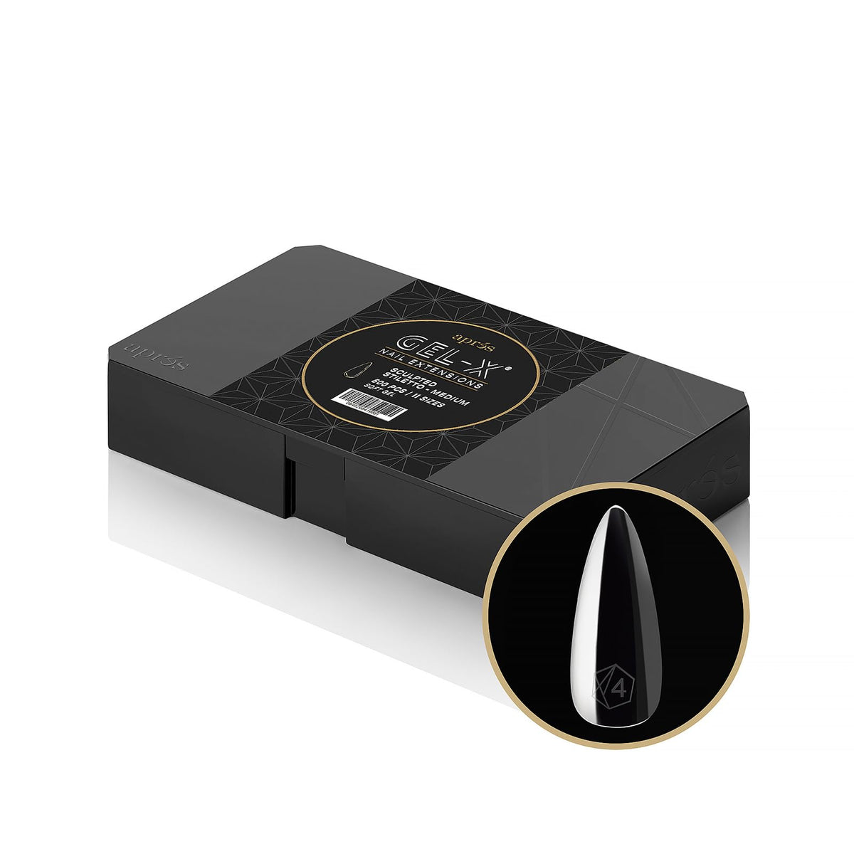 APRÉS Gel-X Sculpted Stiletto Medium Tip Box front view with 500 tips