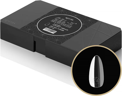 APRÉS Gel-X Soft Gel Tip Box front view with 500 natural almond nail tips