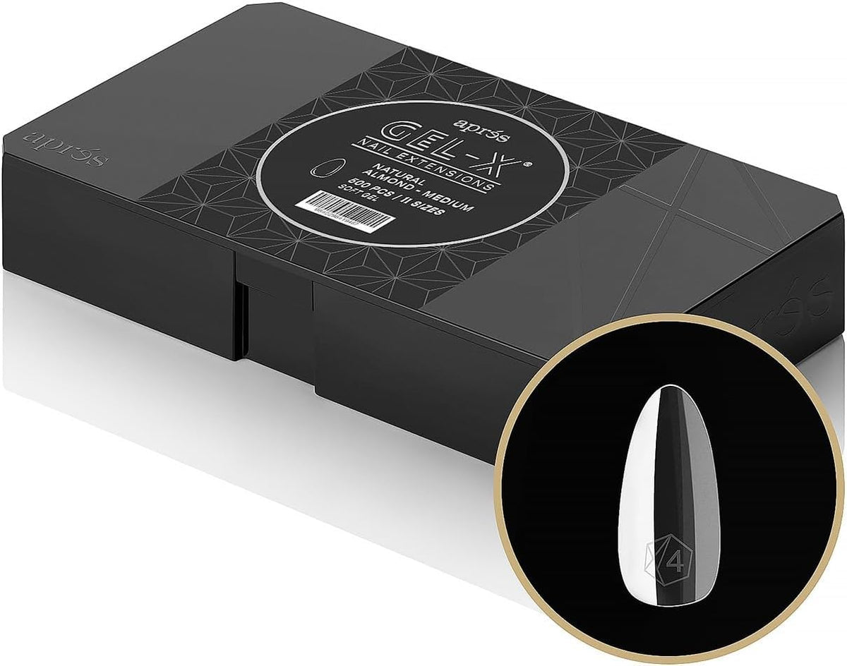 APRÉS Gel-X® Soft Gel Tip Box front view with natural almond tips
