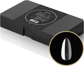 APRÉS Gel-X® Soft Gel Tip Box front view with natural almond tips